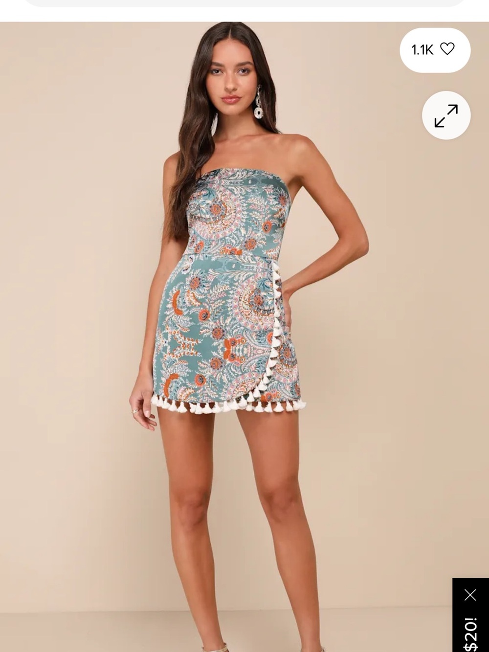 Lulu's Teal Paisley Strapless Tassel Mini Dress